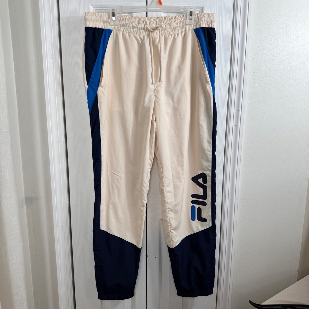 Y2K FILA Track Pants Mens L Cream Navy Blue Colorblock Spellout Baggy Retro
